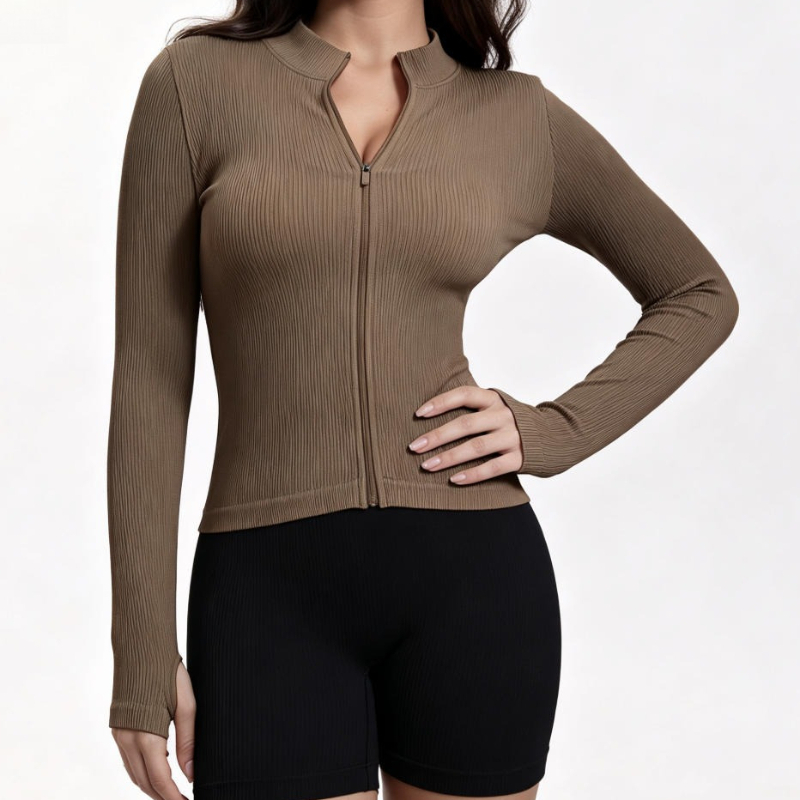 Women Ribbed Long Sleeve Zip U - Yoga Fitness Workout 评论和价格